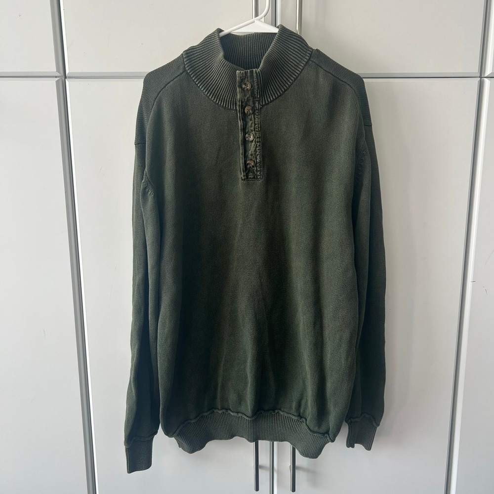 Gap Mens Olive Green Mock Neck Henley Pullover Sweater Heavy Knit Cotton Large